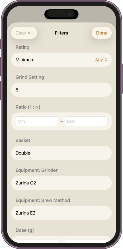 The new Brews Filters sheet with rating, grind, ratio, and equipment options