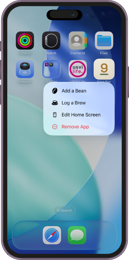 Home Screen quick actions showing Add a Bean and Log a Brew