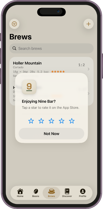 A friendly prompt asking whether you're enjoying Nine Bar, with a link to rate on the App Store