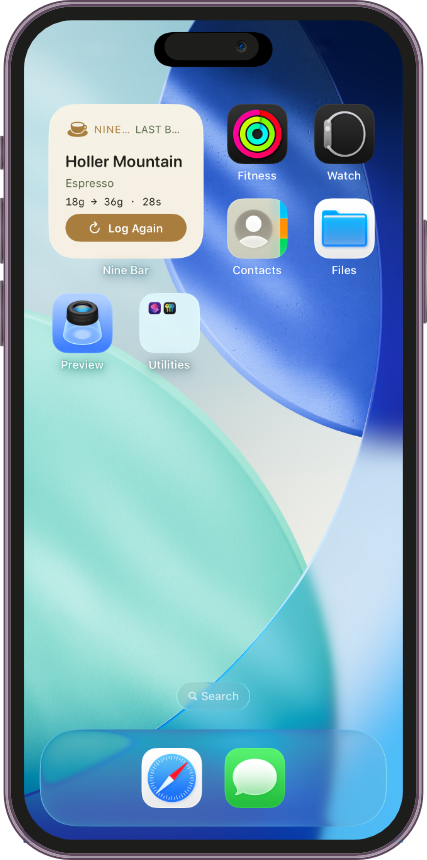 The small Nine Bar widget showing a compact brew recap with a Log Again button